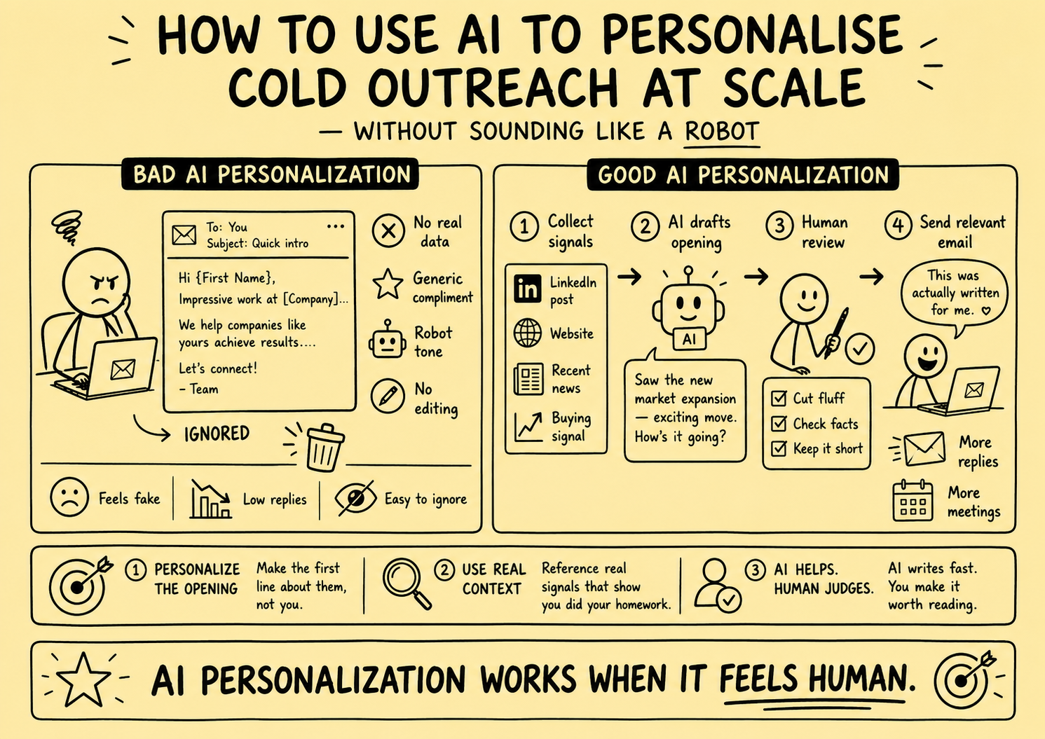 Stickman infographic comparing bad AI personalization with good AI personalization for cold outreach, showing how real prospect signals, AI-drafted openings, human review, and relevant emails lead to more replies and meetings.