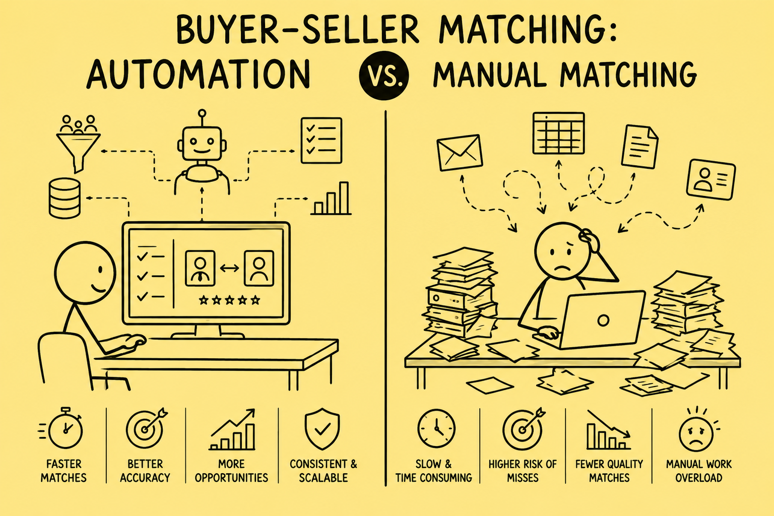 Stickman-style infographic comparing automated and manual buyer–seller matching in M&A, highlighting faster, more consistent matching versus slower, paperwork-heavy manual processes.