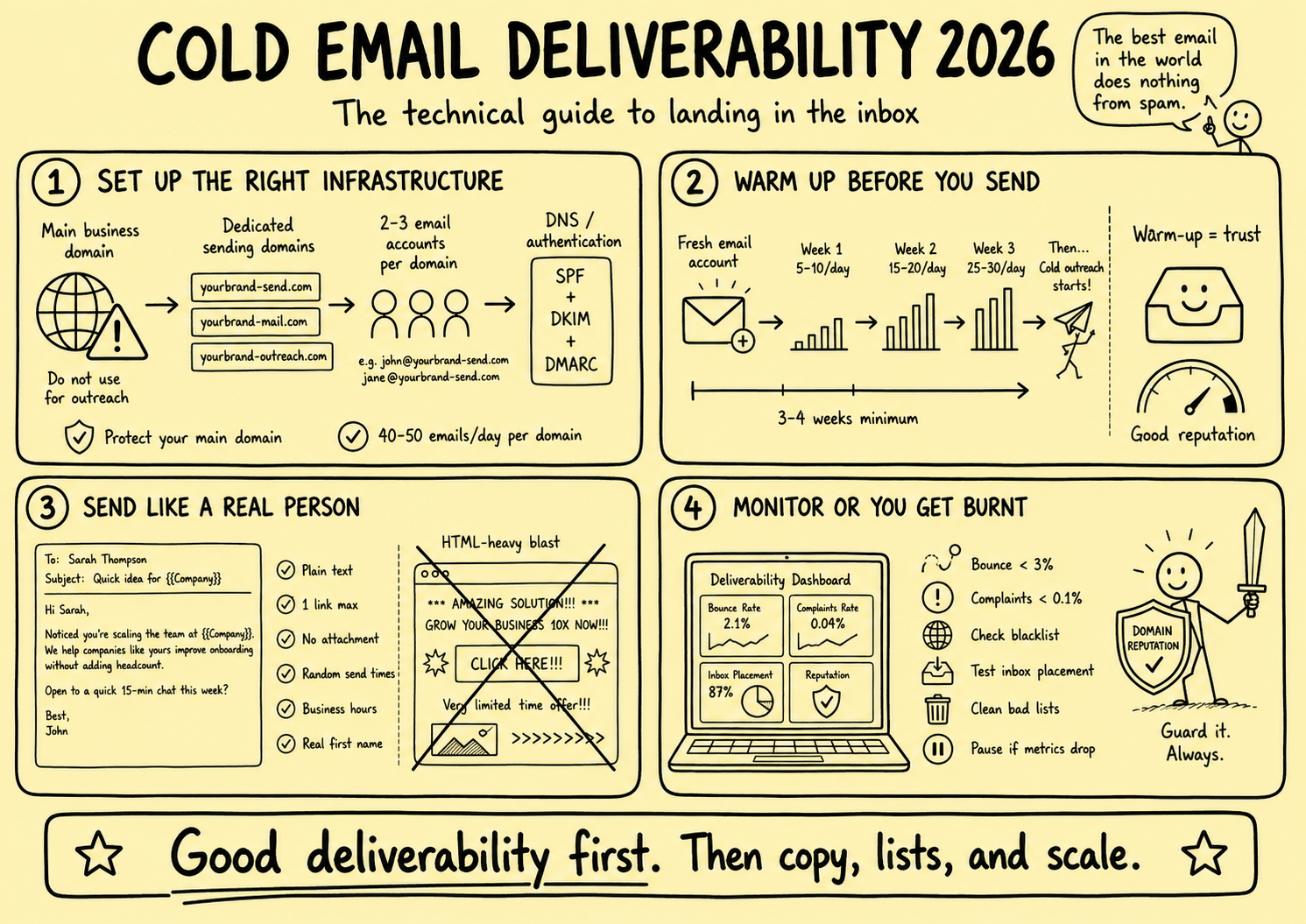 Stickman infographic showing the cold email deliverability setup for 2026, including dedicated sending domains, SPF, DKIM, DMARC, email warm-up, human-like sending behavior, list quality, monitoring, and inbox placement checks.