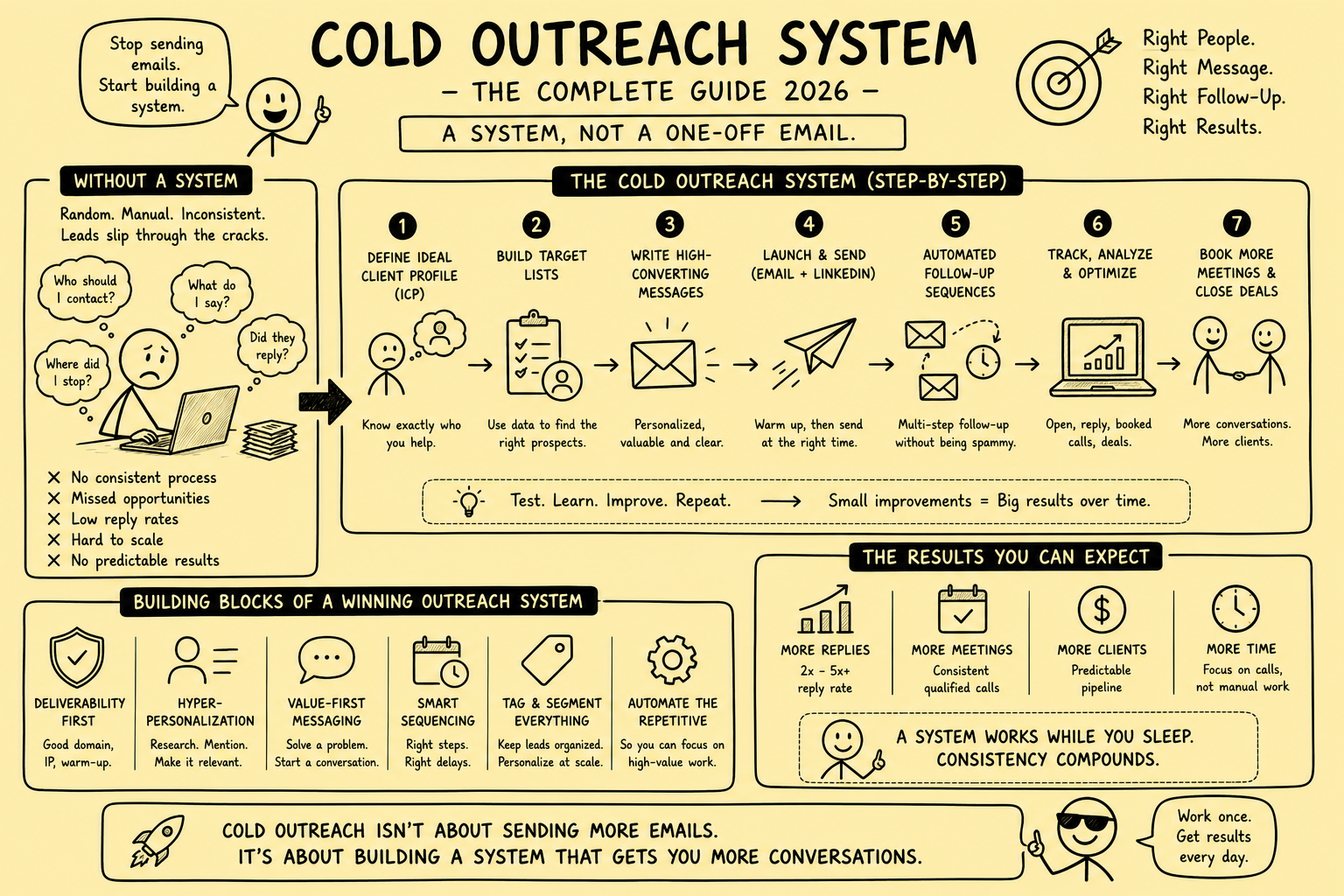 Stickman infographic showing a complete cold outreach system for 2026, comparing random manual outreach with a structured system for ICP definition, list building, personalized messaging, automated follow-up, tracking, optimization, and booked meetings.