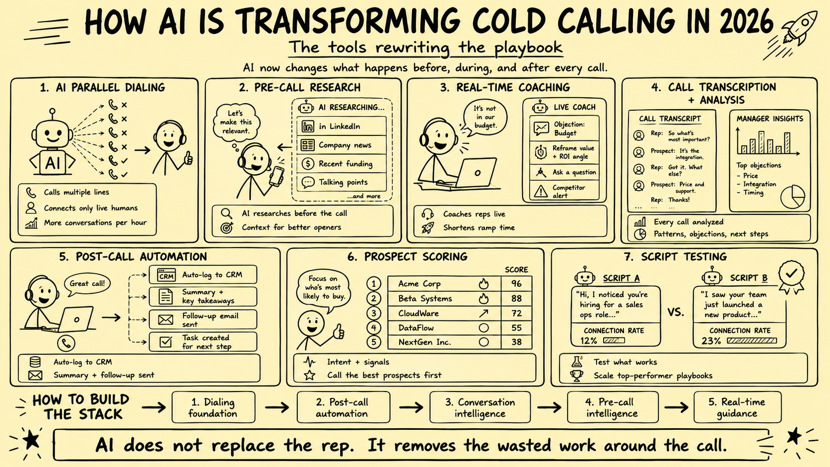 Stickman infographic showing how AI is transforming cold calling in 2026 with AI parallel dialing, pre-call research, real-time coaching, call transcription, post-call automation, prospect scoring, and script testing.