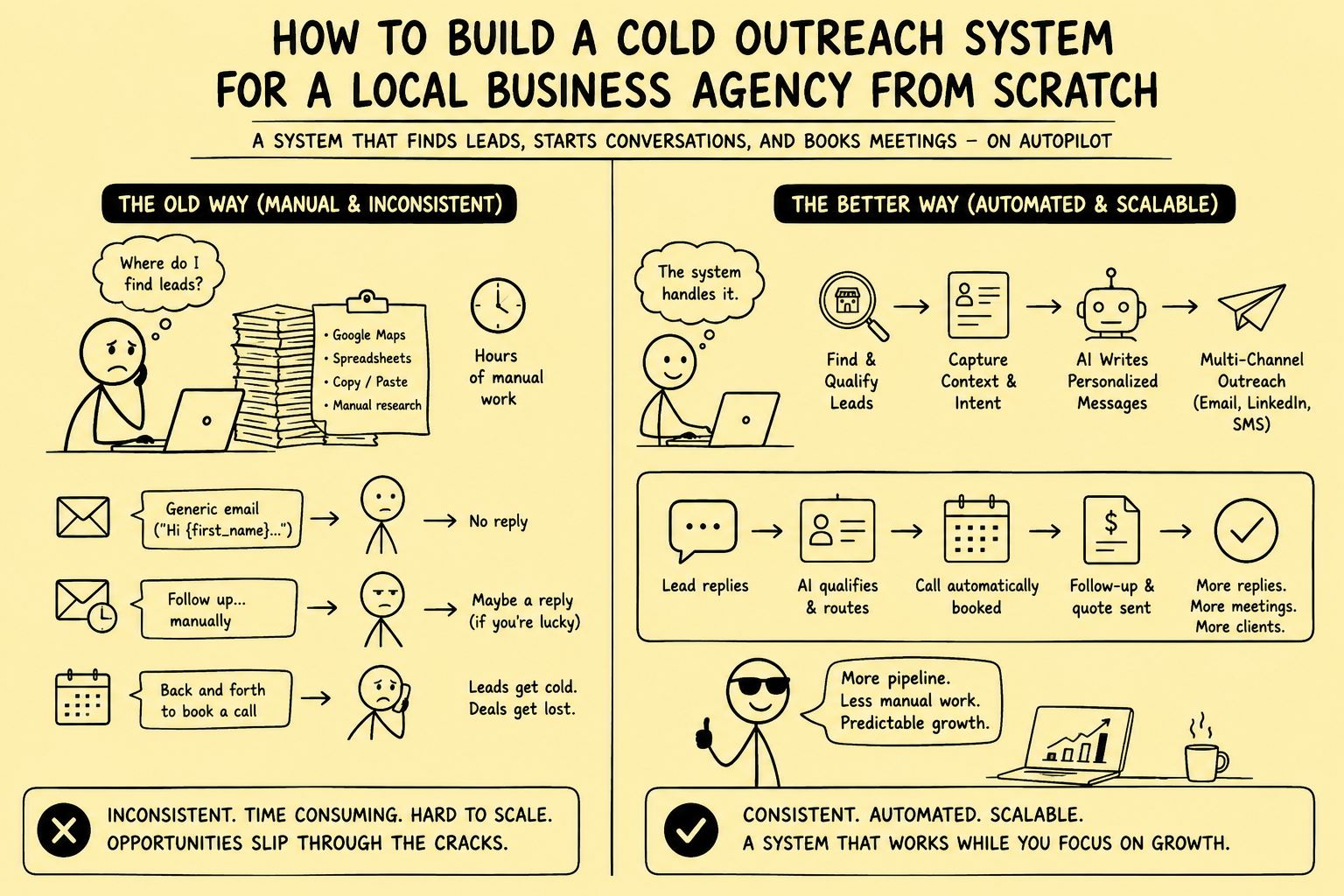Stickman infographic comparing a manual cold outreach process for a local business agency with an automated system that finds leads, captures context, writes personalized messages, handles replies, and books meetings.