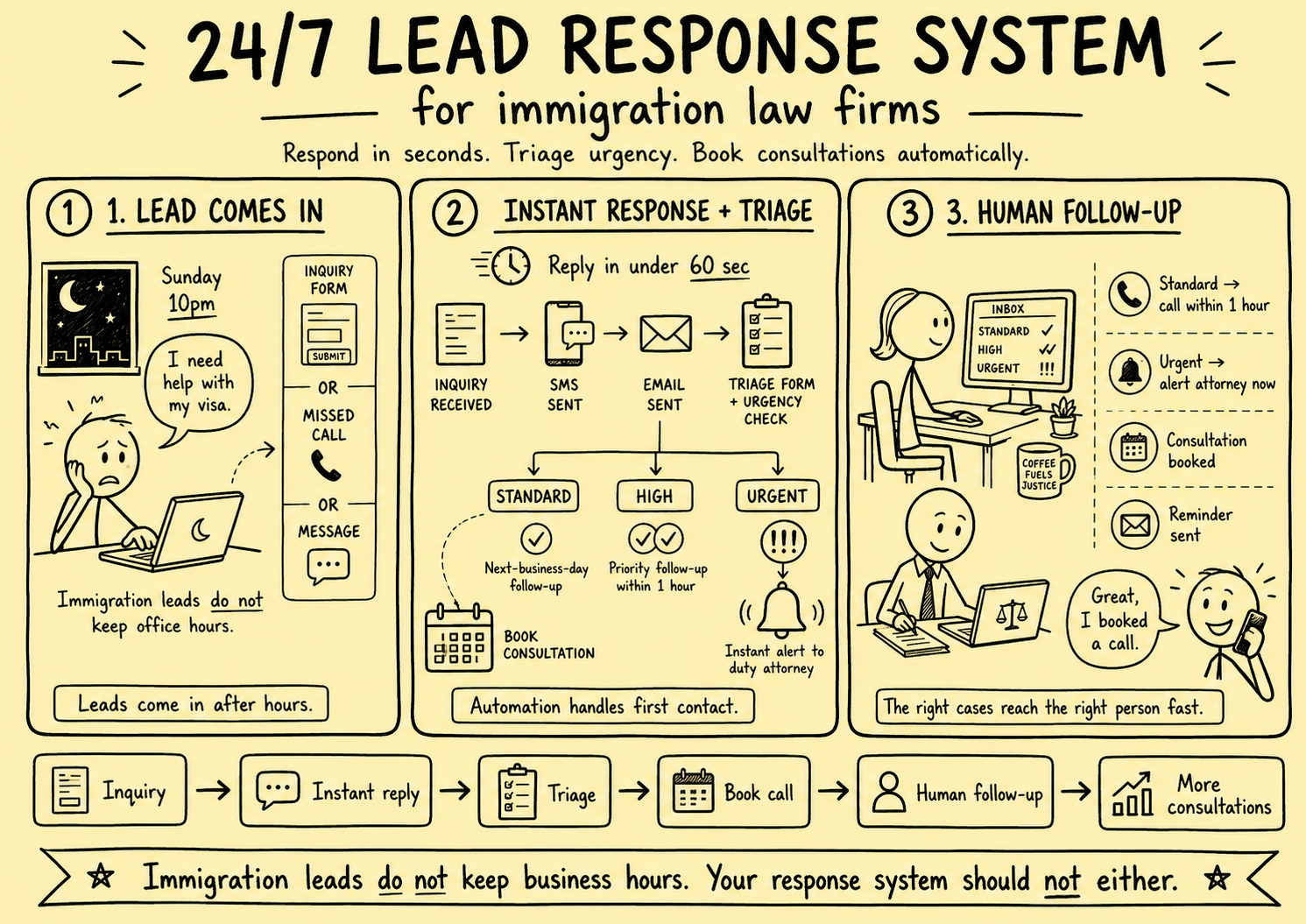 Stickman infographic showing immigration law intake automation for overwhelmed practices, comparing chaotic manual lead handling with an automated intake pipeline that captures enquiries, sends instant replies, triages urgency, follows up, and books consultations.