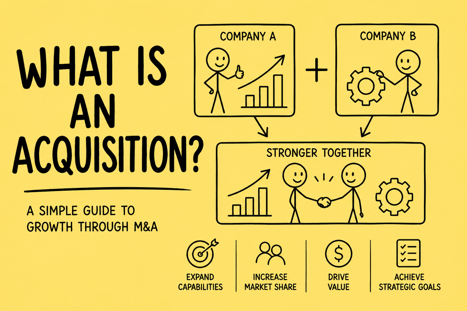 Stickman-style infographic explaining an acquisition, showing Company A and Company B combining into a stronger business with increased capabilities, market share, and value.