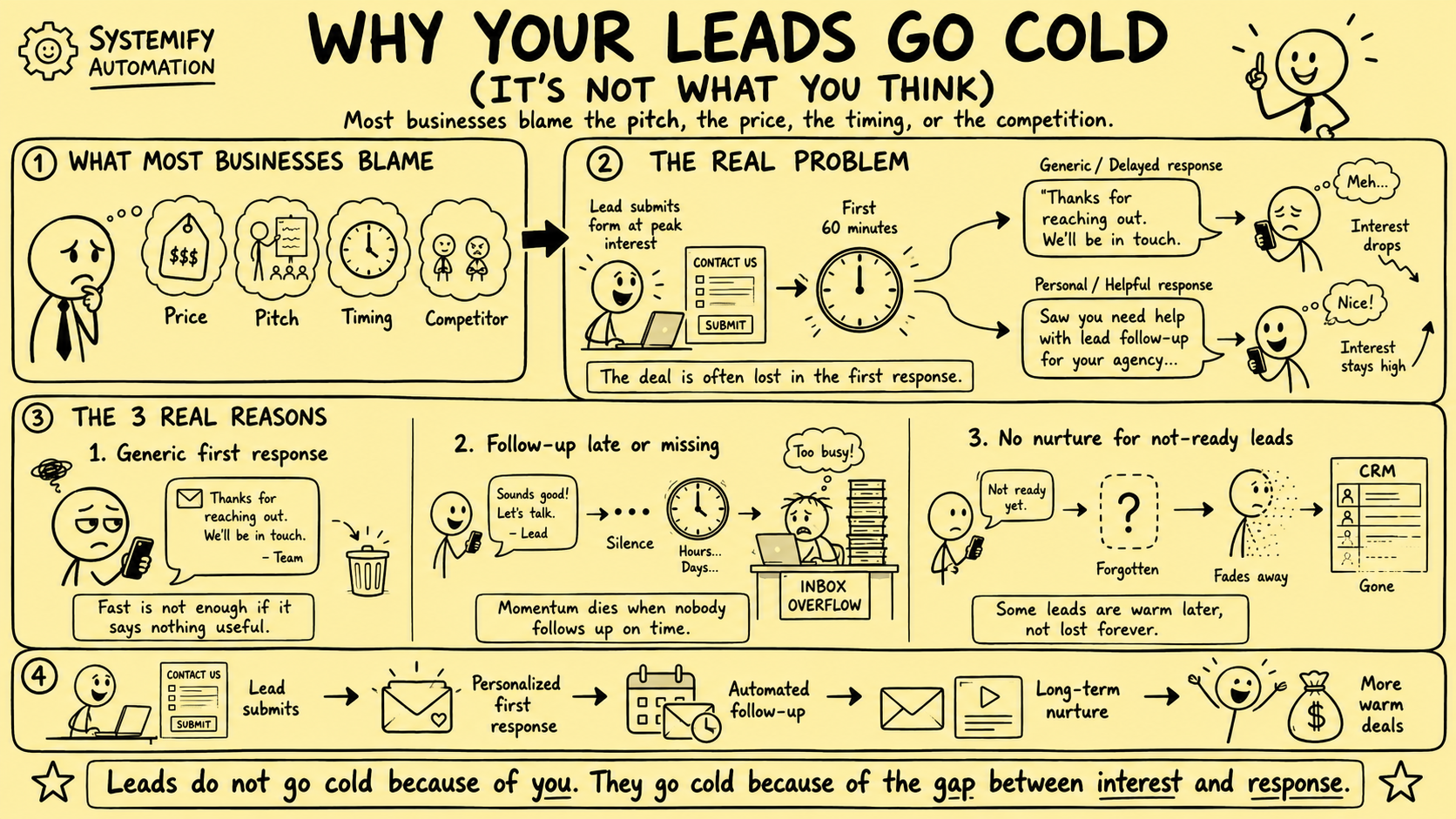 Stickman infographic explaining why leads go cold, showing businesses blaming price, pitch, timing, or competitors while the real causes are generic first responses, late follow-up, and missing nurture.
