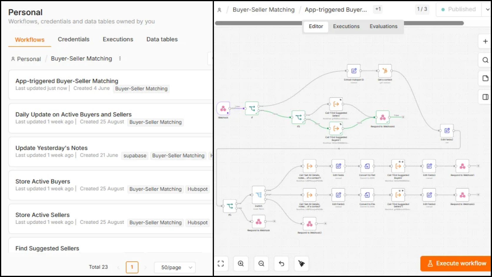 Real screenshot of The Law Practice Exchange Match Engine set of workflows.