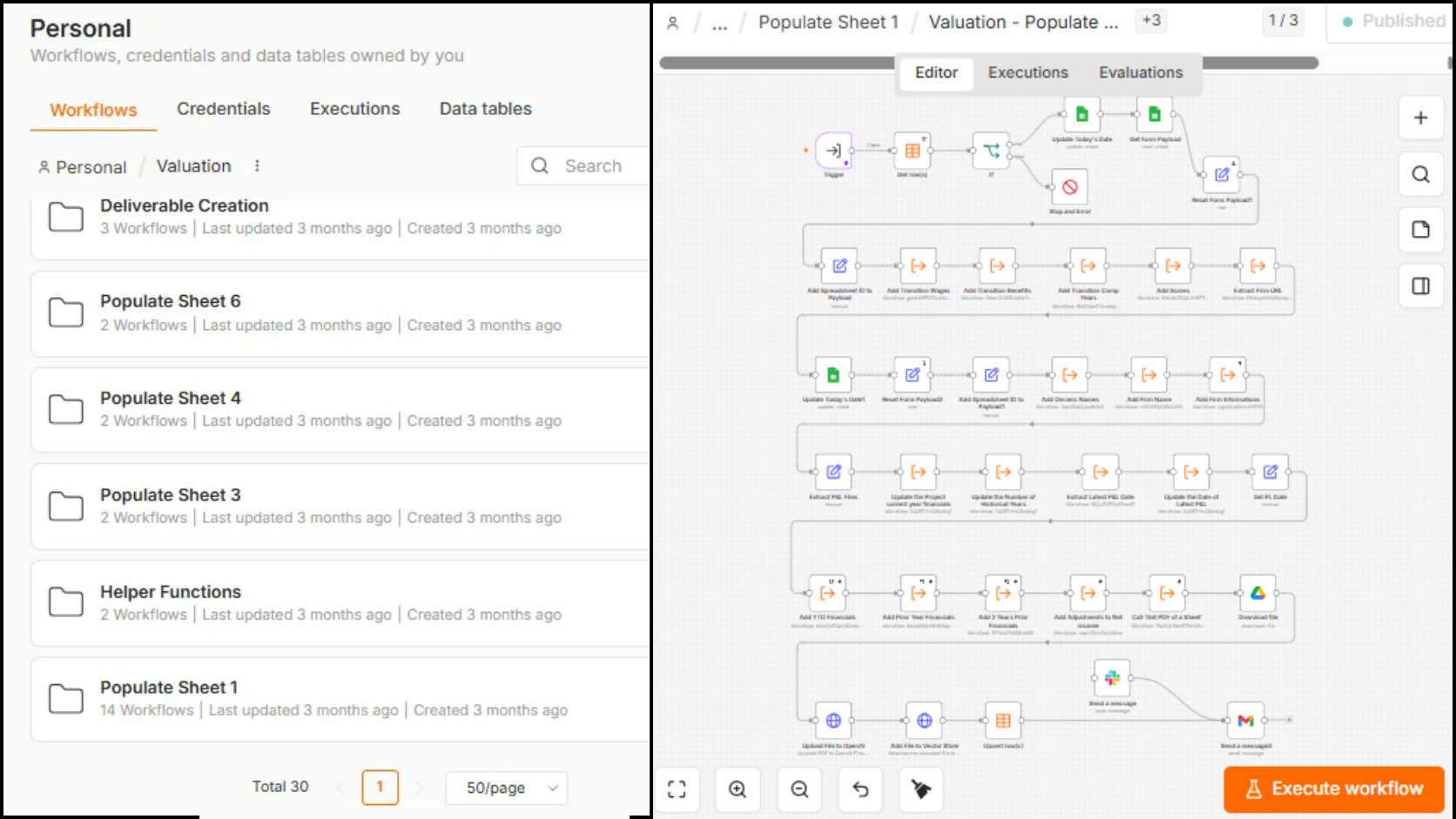 Real screenshots of the implemented n8n workflows for The Law Practice Exchange valuation process automation.