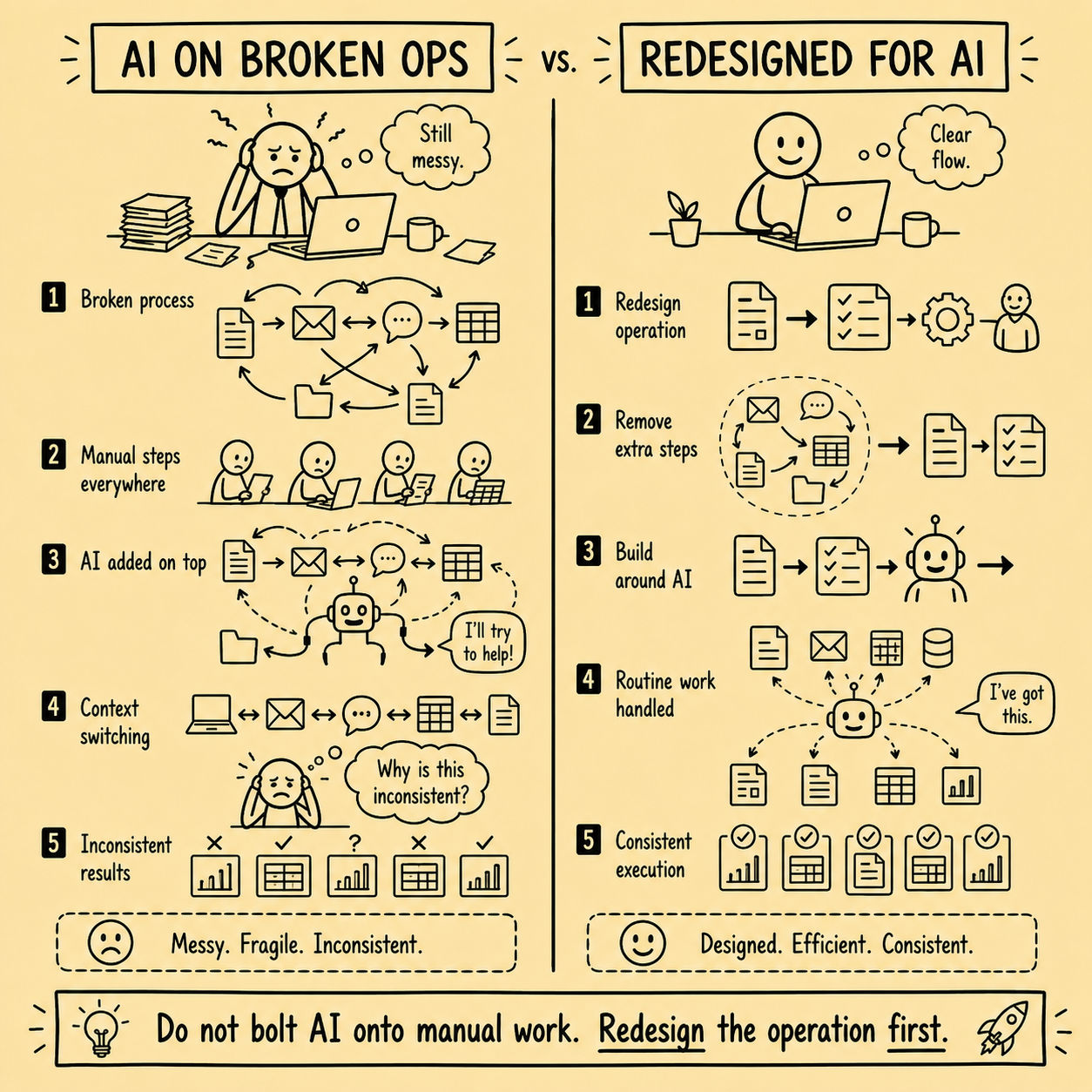 Square stickman infographic comparing AI bolted onto broken manual operations with operations redesigned for AI, showing messy workflows, context switching, and inconsistent results versus streamlined systems and consistent execution.
